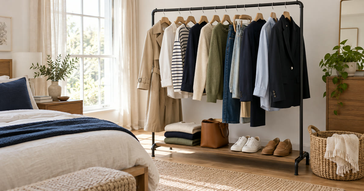 Clothing arranged into a small set of repeatable outfits on a wardrobe rail