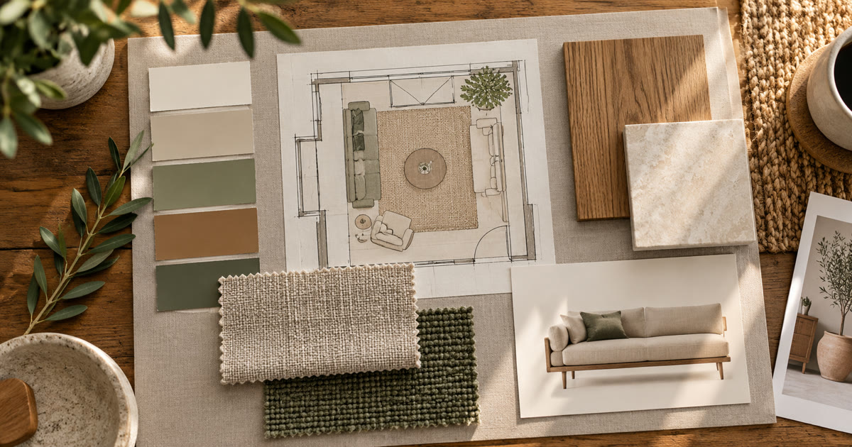 Room mood board with color and fabric samples, a floor plan sketch, a wood sample, and a sofa image