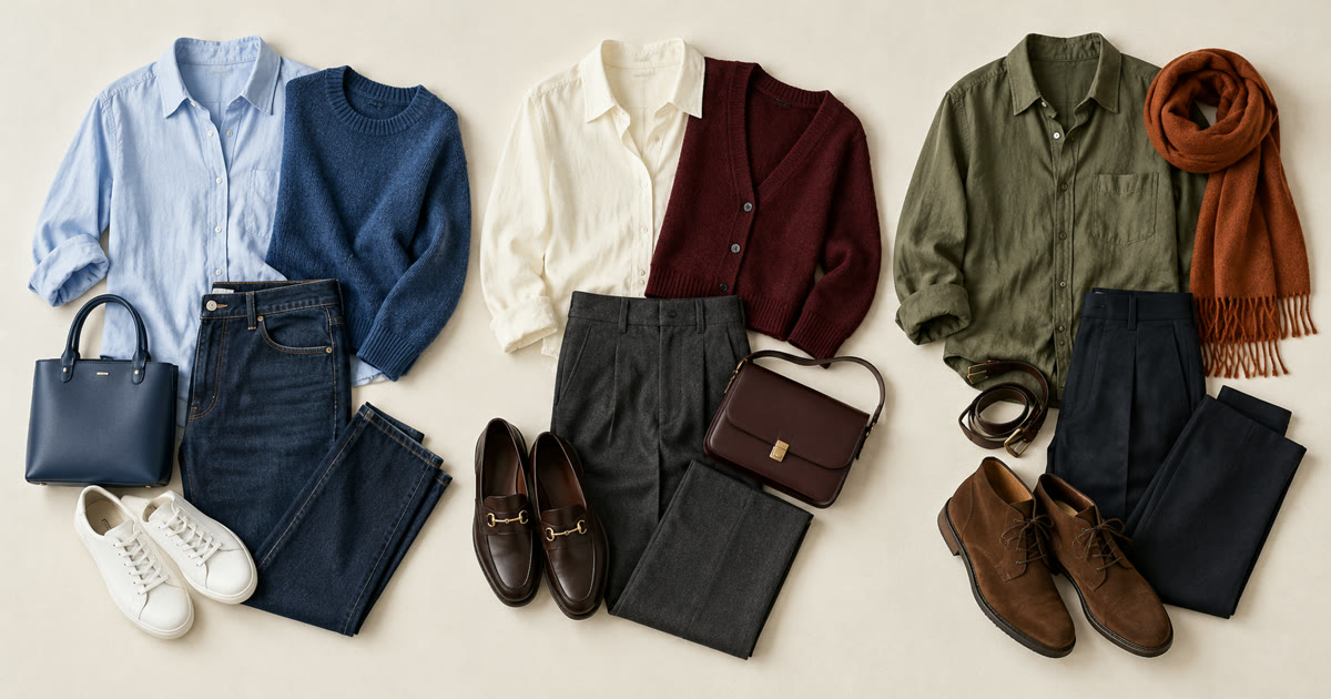 Three outfits laid out with tonal, neutral and contrasting color combinations